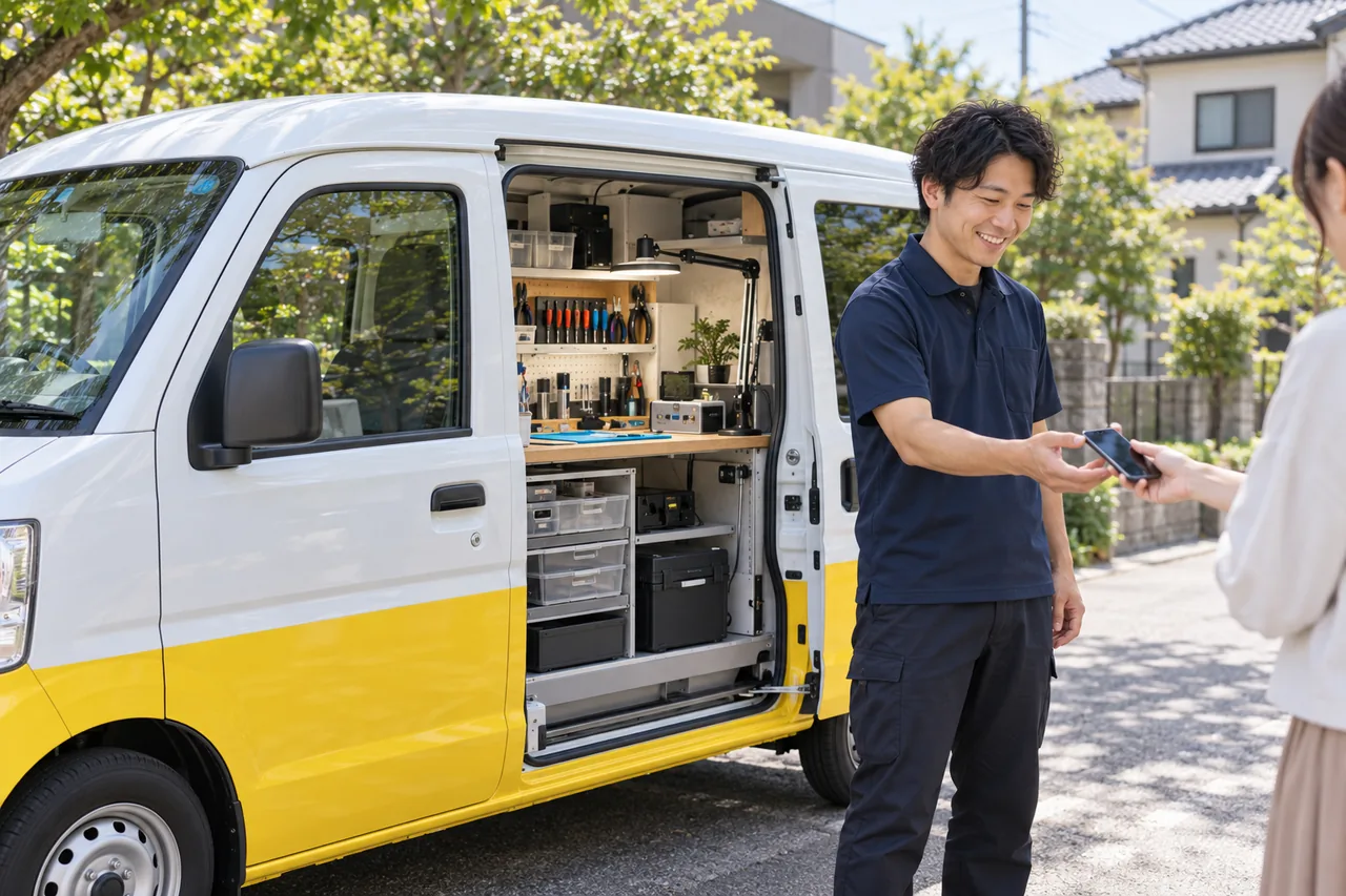 車内の修理設備と、スマートフォンを受け渡すスタッフ・お客様のイメージ